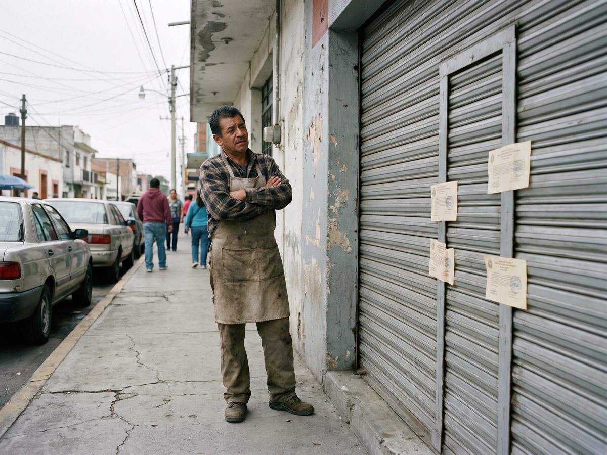 Comerciante frente a su local clausurado con sellos de la autoridad en la cortina metálica