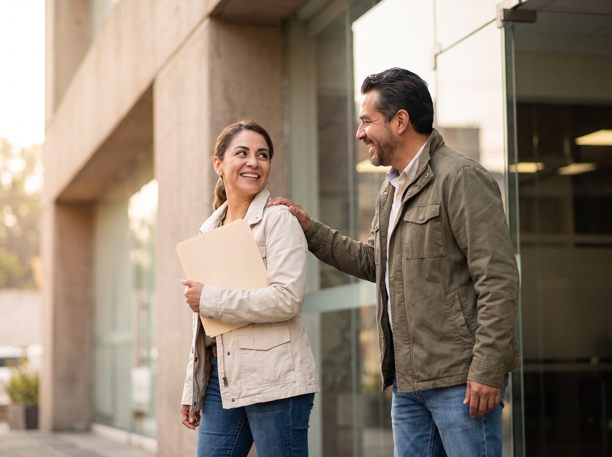 Pareja mexicana sale sonriendo del despacho con su expediente de amparo resuelto