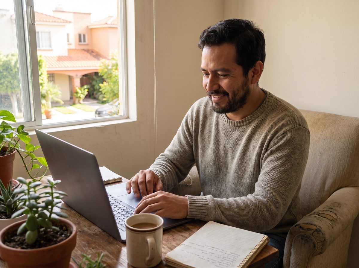 Freelance mexicano en RESICO trabaja tranquilo desde su despacho con la contabilidad al día