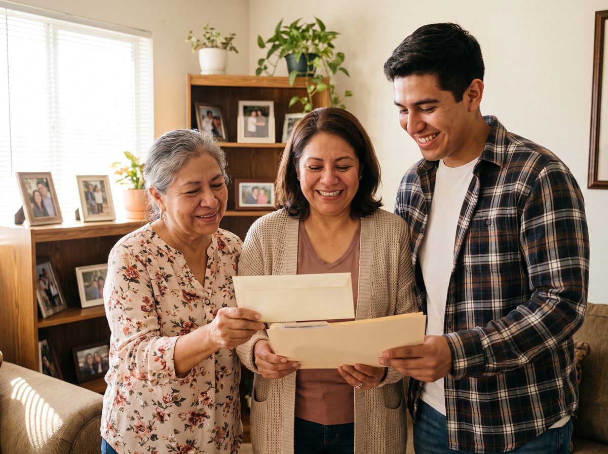 Familia mexicoamericana de tres generaciones sostiene con orgullo los documentos de su registro de nacimiento mexicano