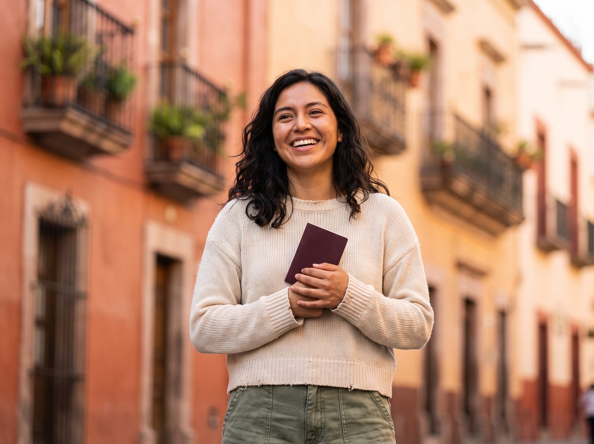 Joven mexicoamericana sonríe sosteniendo su pasaporte mexicano recién tramitado