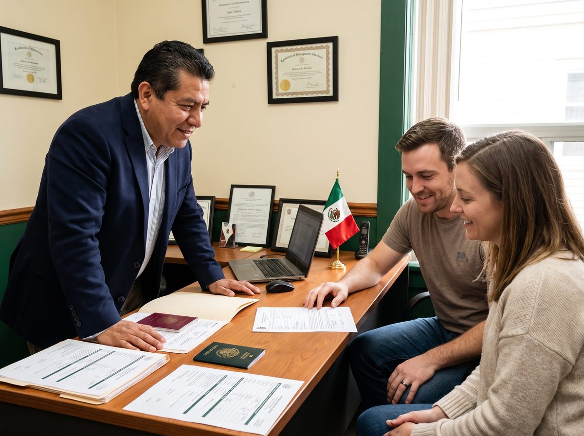 Asesor migratorio de GesMexa revisa el expediente de residencia temporal de una pareja extranjera antes de la cita en el INM