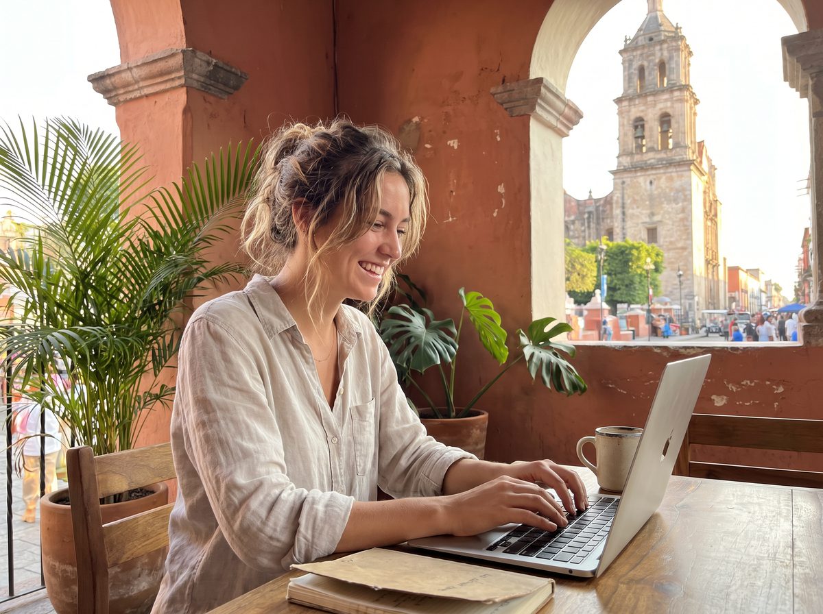 Nómada digital estadounidense trabajando en remoto desde un café en México con su residencia temporal en regla