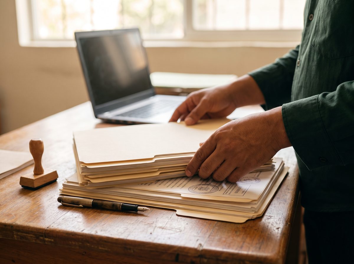 Expediente de documentos certificados y apostillados preparado por GesMexa sobre un escritorio